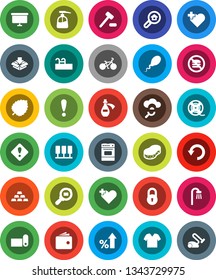 White Solid Icon Set- sponge vector, liquid soap, oven, leaf, wallet, percent growth, presentation board, gold ingot, bike, fitness mat, no fastfood, heart cross, attention, cargo search, film spool