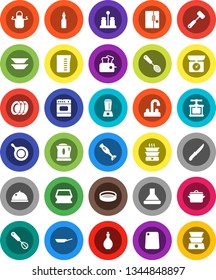 White Solid Icon Set- sponge vector, plates, water tap, pan, oil, measuring cup, apron, cook press, whisk, skimmer, knife, meat hammer, cutting board, spices, blender, sieve, dish, fridge, hood