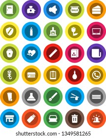 White Solid Icon Set- sponge vector, trash bin, water closet, oil, cook press, cereal, cake, pen, ruler, clipboard, punching bag, sea container, no hook, tulip, newspaper, speaker, heart pulse, hood