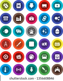 White Solid Icon Set- sponge vector, shining, cook timer, whisk, thermometer, pen, drawing compass, cash, target, arrow down, first aid kit, Railway carriage, money, music hit, social media, scalpel