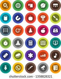 White Solid Icon Set- sponge vector, splotch, drying clothes, skimmer, pen, telescope, bell, calculator, schedule, award cup, magnet, music, monitor dollar, diet, stopwatch, oxygen, sorting, weight