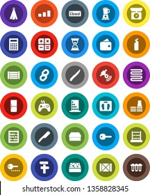White Solid Icon Set- sponge vector, cleaning agent, towel, knife, calculator, abacus, sand clock, scales, wood box, sorting, satellitie, gamepad, chain, key, fridge, building, factory, wallet