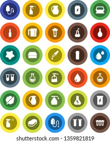 White Solid Icon Set- sponge vector, water drop, splotch, liquid soap, sprayer, cleaning agent, oil, measuring cup, jug, flask, enegry drink, vial, dropper, blood, counter, filter