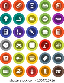 White Solid Icon Set- sponge vector, towel, trash bin, iron, toilet brush, rubber glove, blender, mushroom, calculator, document, clock, sand, hoop, traffic light, wood box, big scales, gamepad, key