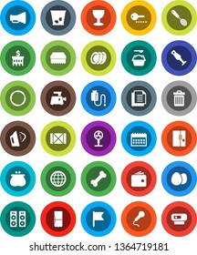 White Solid Icon Set- sponge vector, trash bin, steaming, washing powder, skimmer, blender, plates, egg, flag, wallet, bank building, calendar, bone, hoop, wood box, document, glass, loudspeaker