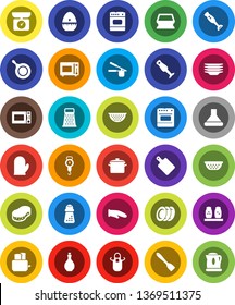 White Solid Icon Set- sponge vector, plates, pan, oil, colander, scales, apron, cook glove, timer, press, spatula, cutting board, hand mill, grater, toaster, microwave oven, spices, blender, hood
