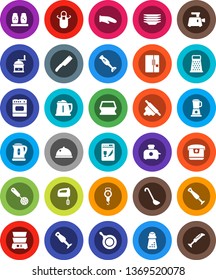 White Solid Icon Set- sponge vector, plates, pan, kettle, scales, apron, cook glove, skimmer, ladle, knife, rolling pin, hand mill, grater, double boiler, spices, blender, dish, fridge, dishwasher
