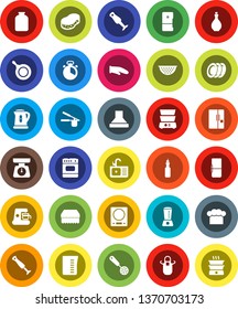 White Solid Icon Set- sponge vector, sink, pan, kettle, oil, colander, measuring cup, scales, cook hat, apron, glove, timer, press, skimmer, double boiler, blender, plates, jar, fridge, coffee maker