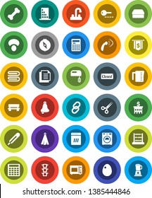 White Solid Icon Set- sponge vector, towel, steaming, washer, water tap, measuring cup, microwave oven, egg, mushroom, bell, calculator, compass, abacus, bank building, dollar flag, bone, document