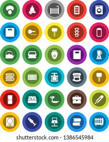White Solid Icon Set- sponge vector, towel, kettle, cook press, blender, mushroom, copybook, bell, case, scales, traffic light, wood box, big, battery, thermometer, tooth implant, notebook network