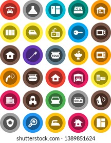 White Solid Icon Set- sponge vector, car fetlock, window cleaning, iron, steaming, sink, cleaner woman, microwave oven, school building, warehouse, key, house, garage, rooms signboard, sold, hood