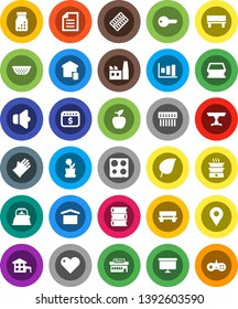 White Solid Icon Set- sponge vector, rubber glove, kettle, colander, oven, book, apple fruit, document, leaf, graph, presentation board, dollar calendar, dry cargo, speaker, heart, pills bottle, hub