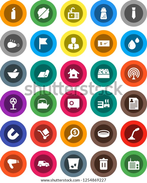 White Solid Icon Set- sponge vector, trash bin,
splotch, cleaning agent, sink, kettle, hand mill, sieve, chicken
leg, magnet, flag, manager, money search, personal information,
tie, safe, car, cargo