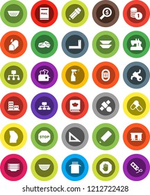 White Solid Icon Set- sprayer vector, plates, colander, cookbook, pasta, pencil, corner ruler, coin stack, money search, hierarchy, buttocks, pills, stadium, satellite, Railway carriage, stop