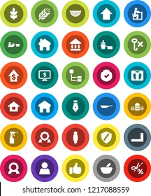 White Solid Icon Set- sprayer vector, pan, colander, pen, school building, corner ruler, student, medal, university, dollar growth, man, arrow up, monitor, scales, cereals, port, no hook, protected