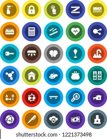 White Solid Icon Set- sprayer vector, water tap, pen, calculator, molecule, cash, measuring, heart pulse, punching bag, boxing glove, skateboard, stairways run, breads, route, touchscreen, key, pond