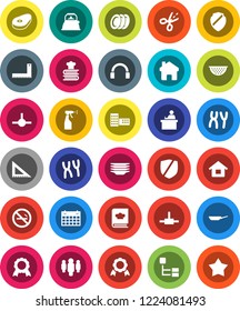 White Solid Icon Set- sprayer vector, plates, pan, kettle, colander, cookbook, steak, school building, corner ruler, student, medal, man, calendar, no smoking, protected, headphones, chromosomes