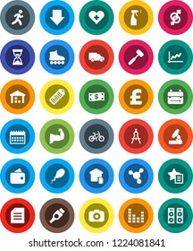 White Solid Icon Set- sprayer vector, meat hammer, drawing compass, backpack, microscope, document, molecule, graph, sand clock, arrow down, calendar, pound, bike, muscule hand, roller Skates, run