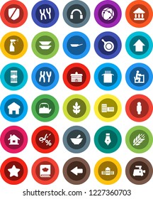 White Solid Icon Set- sprayer vector, pan, kettle, cookbook, plates, pasta, pen, university, school building, student, man, arrow up, cereals, protected, headphones, mortar, chromosomes, connection