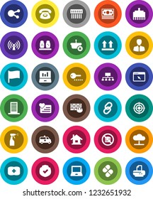 White Solid Icon Set- sprayer vector, spices, notebook pc, flag, laptop graph, manager, hierarchy, target, no fastfood, heart monitor, first aid kit, money, top sign, protected, social media, link