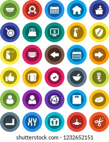 White Solid Icon Set- sprayer vector, plates, pan, kettle, colander, measuring cup, steak, corner ruler, student, medal, calendar, monitor dollar, scales, no hook, protected, finger up, mortar, home