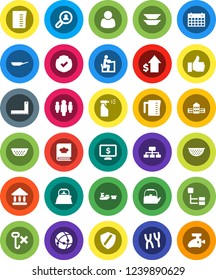 White Solid Icon Set- sprayer vector, pan, kettle, colander, measuring cup, cookbook, plates, school building, corner ruler, student, university, dollar growth, man, hierarchy, monitor, calendar