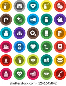 White Solid Icon Set- sprayer vector, colander, cookbook, coin stack, sand clock, hierarchy, heart pulse, oxygen, support, big scales, antenna, loudspeaker, mobile phone, touchscreen, hub, favorites