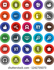 White Solid Icon Set- sprayer vector, plates, pan, cookbook, corner ruler, student, medal, man, hierarchy, monitor dollar, cereals, port, no hook, headphones, mortar, chromosomes, connection, arrow
