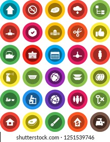 White Solid Icon Set- sprayer vector, kettle, colander, plates, steak, pen, university, school building, student, dollar growth, man, arrow up, calendar, no smoking, port, hook, protected, finger