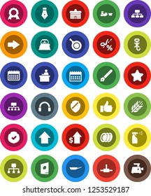 White Solid Icon Set- sprayer vector, pan, kettle, plates, pen, university, student, medal, dollar growth, arrow up, hierarchy, calendar, cereals, port, no hook, protected, headphones, finger, star