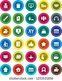 White Solid Icon Set- sprayer vector, plates, kettle, colander, measuring cup, cookbook, pasta, pen, school building, student, medal, man, arrow up, calendar, monitor dollar, port, headphones, house