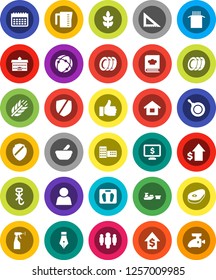 White Solid Icon Set- sprayer vector, plates, pan, measuring cup, cookbook, pasta, steak, pen, university, school building, corner ruler, dollar growth, man, monitor, scales, calendar, cereals, port