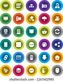 White Solid Icon Set- sprayer vector, colander, arrow down, presentation board, hierarchy, pills, phone, support, video camera, mobile, rec button, connection, big data, browser, menu, share, chain