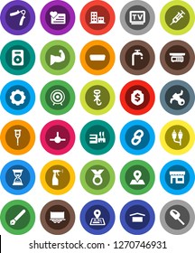 White Solid Icon Set- sprayer vector, pen, sand clock, dollar shield, hand trainer, muscule, target, medal, heart monitor, navigator, map pin, satellite, truck trailer, dry cargo, no hook, tv, rca