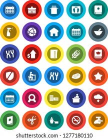 White Solid Icon Set- sprayer vector, measuring cup, cookbook, pasta, steak, university, school building, student, medal, dollar growth, calendar, scales, cereals, no smoking, port, protected, home