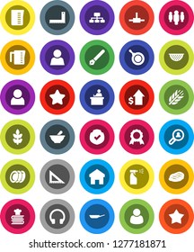 White Solid Icon Set- sprayer vector, pan, colander, measuring cup, cookbook, plates, steak, pen, corner ruler, student, medal, dollar growth, man, hierarchy, cereals, protected, headphones, mortar
