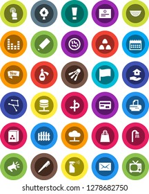 White Solid Icon Set- sprayer vector, house hold, colander, cereal, pencil, pen, certificate, flag, calendar, shuttlecock, route, equalizer, touchscreen, microbs, potion, network, server, cloud, new