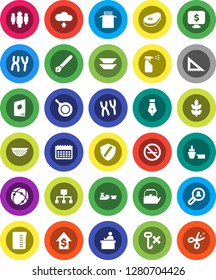 White Solid Icon Set- sprayer vector, pan, kettle, colander, measuring cup, plates, pasta, steak, pen, corner ruler, student, dollar growth, man, monitor, calendar, cereals, no smoking, port, hook