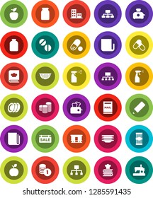 White Solid Icon Set- sprayer vector, plates, colander, cookbook, jar, pasta, pencil, apple fruit, coin stack, hierarchy, pills, Railway carriage, newspaper, mailbox, sale signboard, apartments