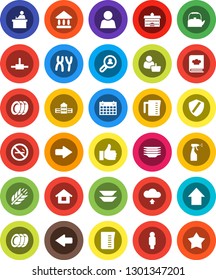 White Solid Icon Set- sprayer vector, plates, kettle, measuring cup, cookbook, university, school building, student, man, arrow up, calendar, cereals, no smoking, finger, chromosomes, connect, user