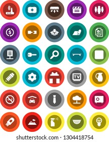 White Solid Icon Set- sprayer vector, colander, jug, pencil, magnifier, exchange, man, tie, safe, skateboard, fitness mat, no smoking, first aid kit, cinema clap, tv, backward button, cloud network