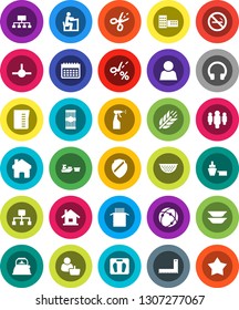 White Solid Icon Set- sprayer vector, kettle, colander, measuring cup, plates, pasta, school building, corner ruler, student, man, hierarchy, scales, calendar, cereals, no smoking, port, headphones