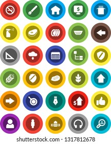 White Solid Icon Set- sprayer vector, plates, pan, colander, pasta, steak, pen, school building, corner ruler, dollar growth, man, arrow up, monitor, calendar, cereals, no smoking, headphones, home