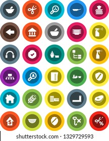White Solid Icon Set- sprayer vector, plates, pan, colander, measuring cup, cookbook, steak, school building, corner ruler, university, dollar growth, hierarchy, cereals, port, no hook, protected