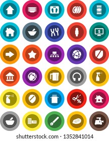 White Solid Icon Set- sprayer vector, plates, measuring cup, pasta, steak, pen, school building, university, man, arrow up, hierarchy, monitor dollar, scales, protected, headphones, mortar, shield