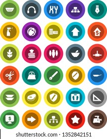 White Solid Icon Set- sprayer vector, pan, kettle, colander, cookbook, plates, steak, pen, school building, corner ruler, dollar growth, man, arrow up, hierarchy, monitor, scales, cereals, mortar