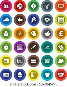 White Solid Icon Set- sprayer vector, scales, towel, cook timer, jug, school bus, graph, laptop, calculator, pound, measuring, stopwatch, calendar, cargo, music hit, monitor, group, scissors, mortar