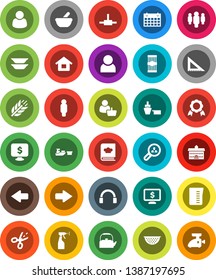 White Solid Icon Set- sprayer vector, kettle, colander, measuring cup, cookbook, plates, pasta, university, corner ruler, medal, man, monitor dollar, calendar, cereals, port, headphones, mortar