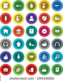 White Solid Icon Set- sprayer vector, pan, kettle, colander, measuring cup, pen, university, school building, student, dollar growth, man, arrow up, cereals, port, protected, headphones, mortar