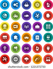 White Solid Icon Set- steaming vector, washer, mixer, microwave oven, atom, world, molecule, earth, gamepad, video camera, social media, microscope, notebook network, server, lan connector, share
